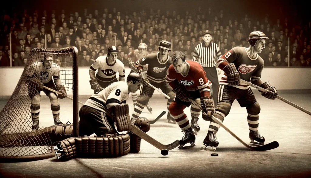 A scene from a historic NHL game featuring an extended overtime period