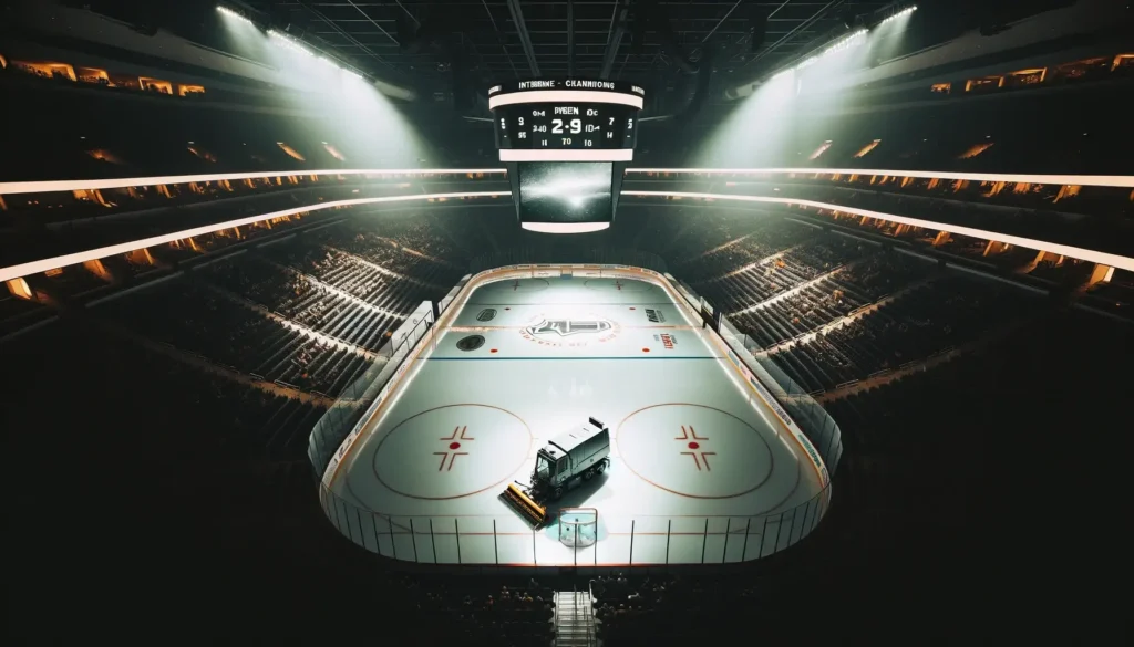 An aerial view of a hockey rink during intermission
