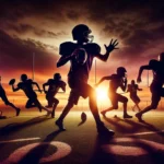 A dynamic collage depicting an ATH recruit's journey from high school to college football, featuring silhouettes in various actions against a backdrop of a high school field, training facility, and packed college stadium.